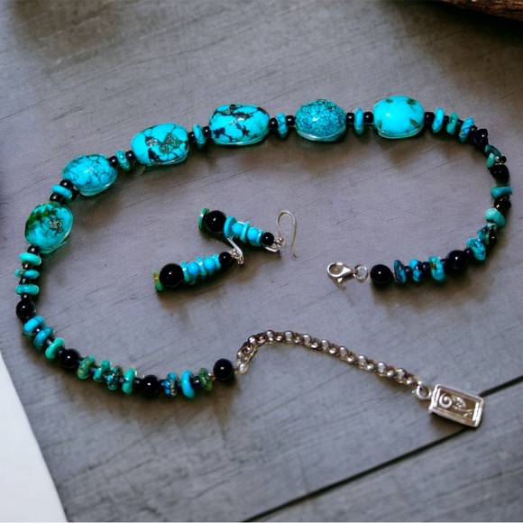 Vintage Handmade Turquoise Necklace with Onyx Solid 925 Sterling Silver+Earrings - Picture 14 of 15